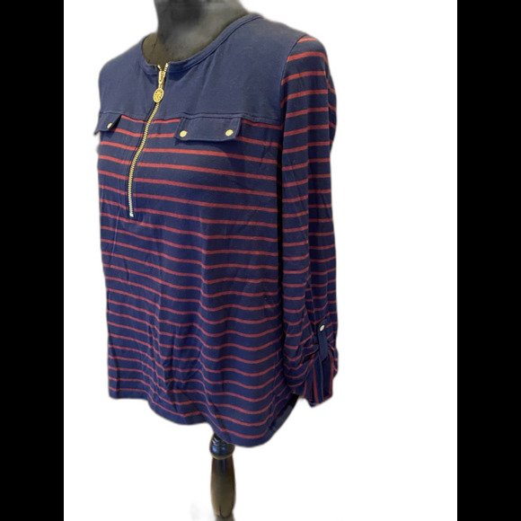 Anne Klein Petite XL Classy Navy Striped Gold Zipper Dressy Blouse Top - Picture 3 of 9